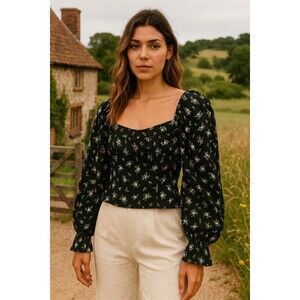 Cropped Linen Smocked Top XL Black Floral Puff Sleeve Fairygoth Cottage Romantic